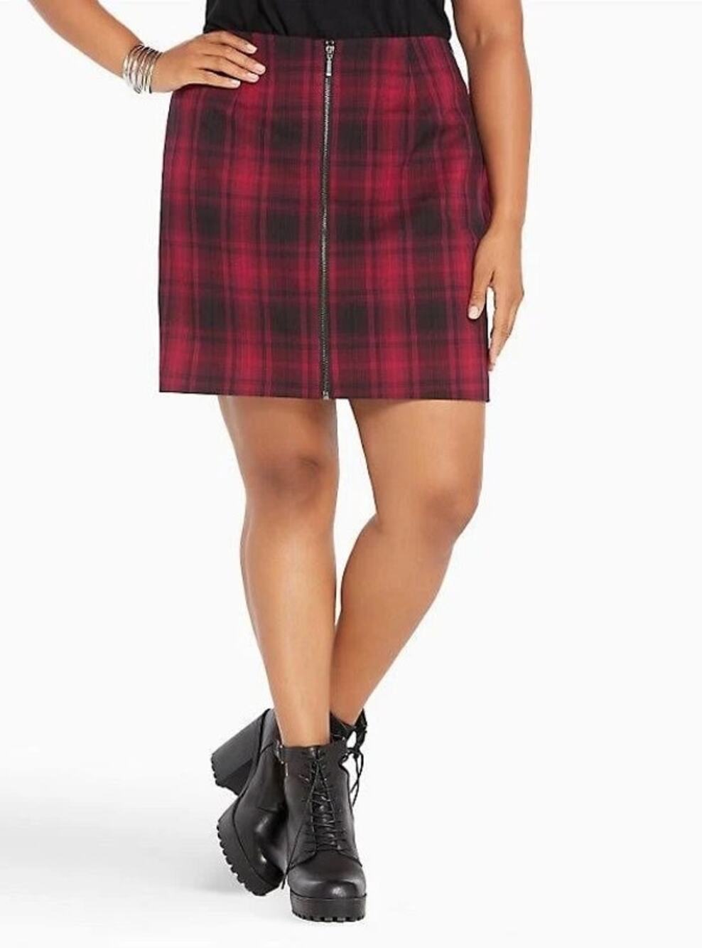 [Torrid] Red Black Plaid Tartan Print Zip Front Mini Skirt Pockets Stretch Sz 16